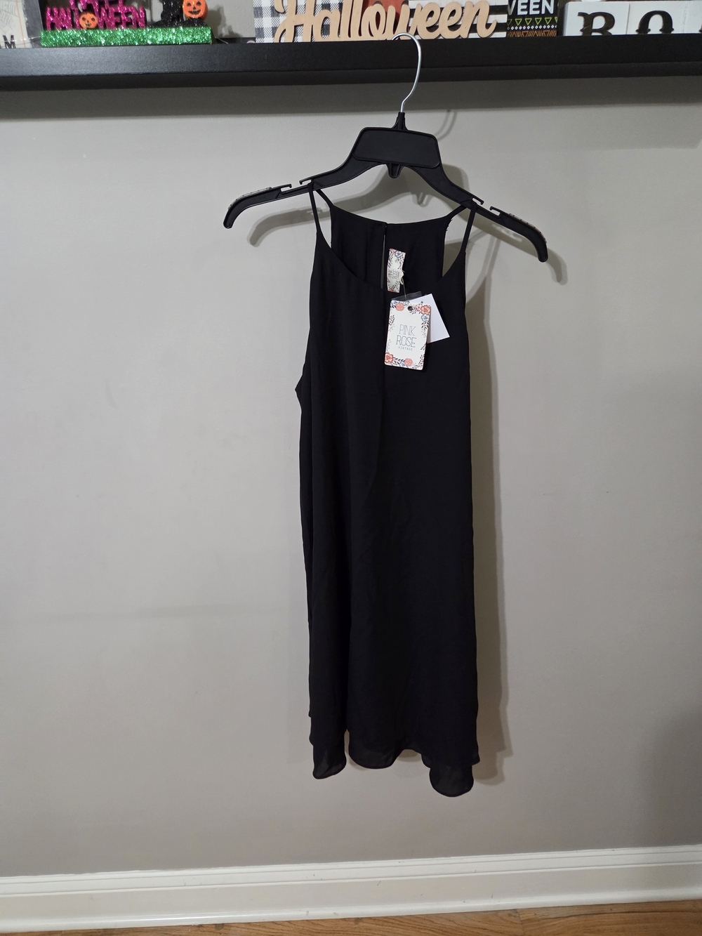 Pink Rose Black Mini Slip Dress with Thin Straps